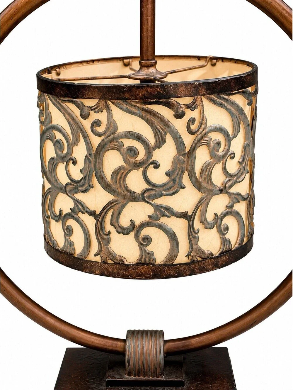Vintage Metal Hoop Table Lamp Scrollwork Drum Shade Bronze 22” Boho Decor